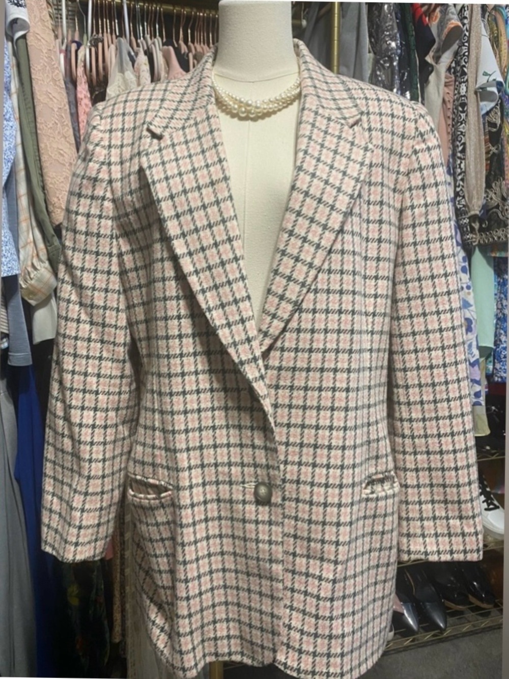 Vtg Laura Gayle Pink & Gray Plaid Wool Blend Blazer Jacket Size 14 Fully Lined